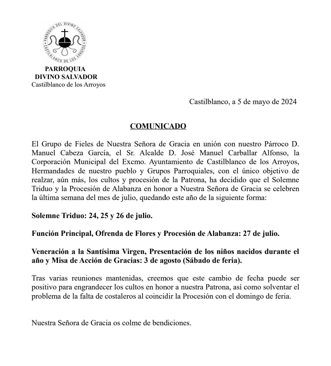 comunicado virgen de gracia